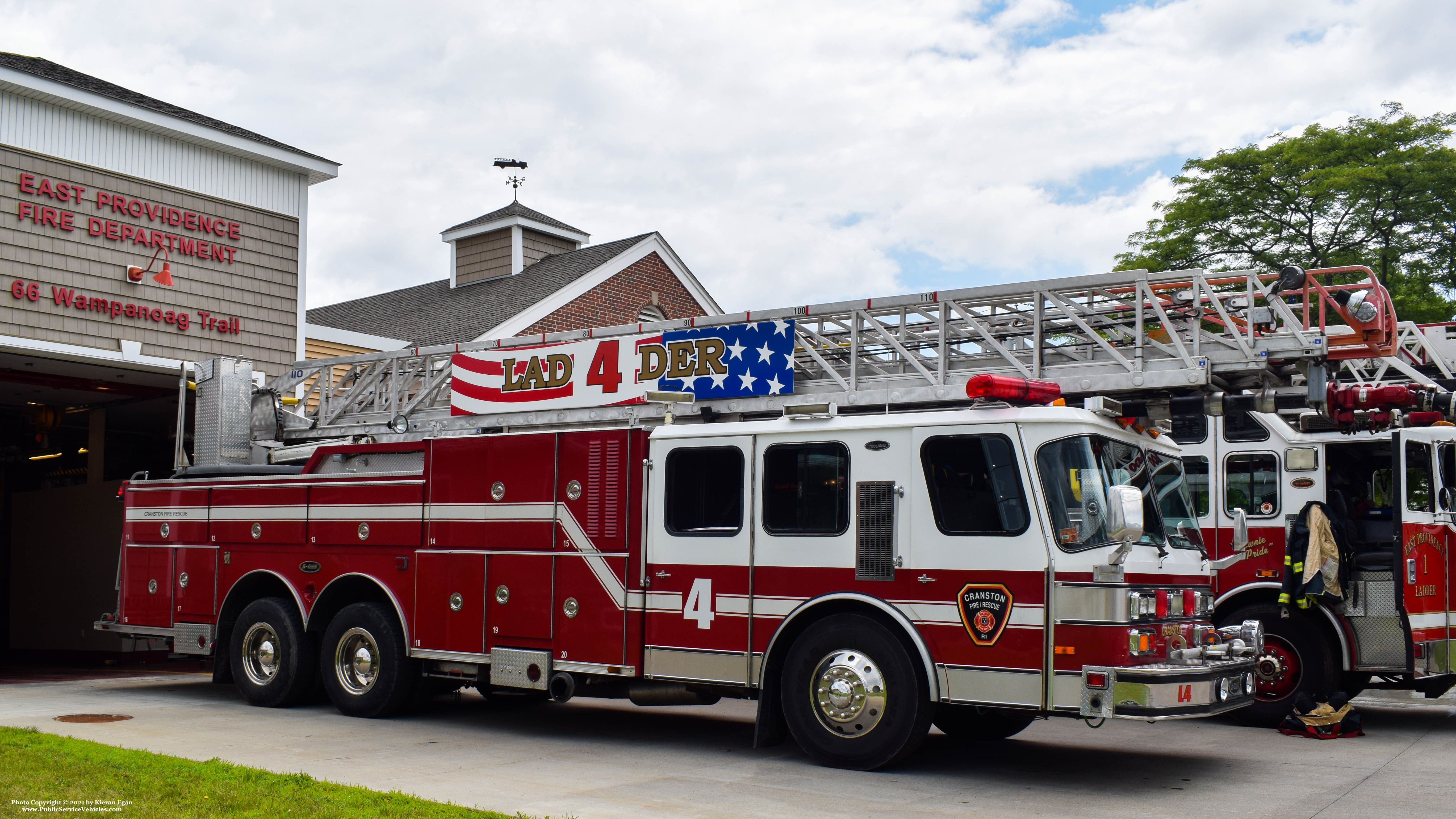 A photo  of Cranston Fire
            Ladder 4, a 1991 E-One Hurricane             taken by Kieran Egan