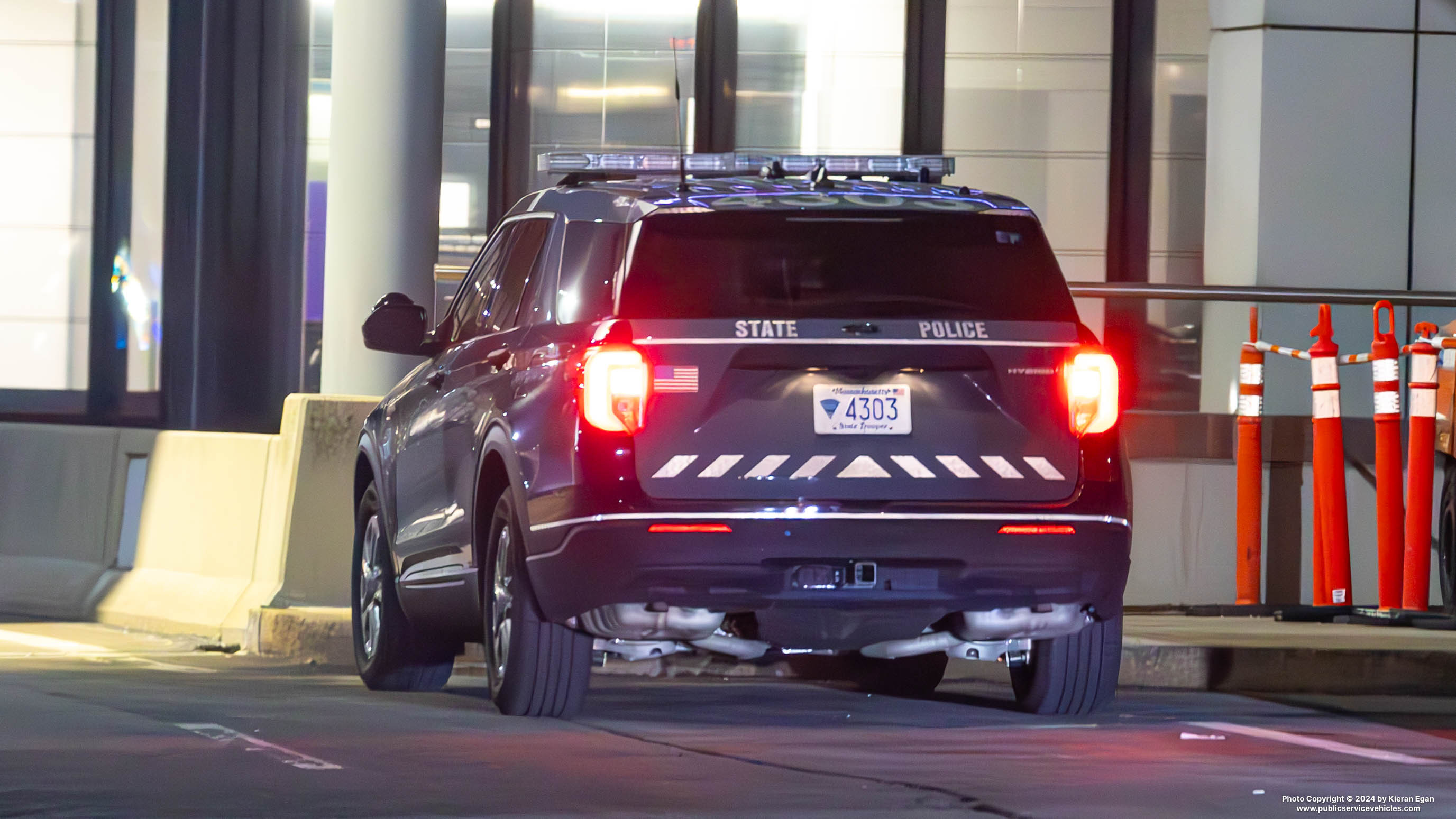 A photo  of Massachusetts State Police
            Cruiser 4303, a 2023 Ford Police Interceptor Utility Hybrid             taken by Kieran Egan