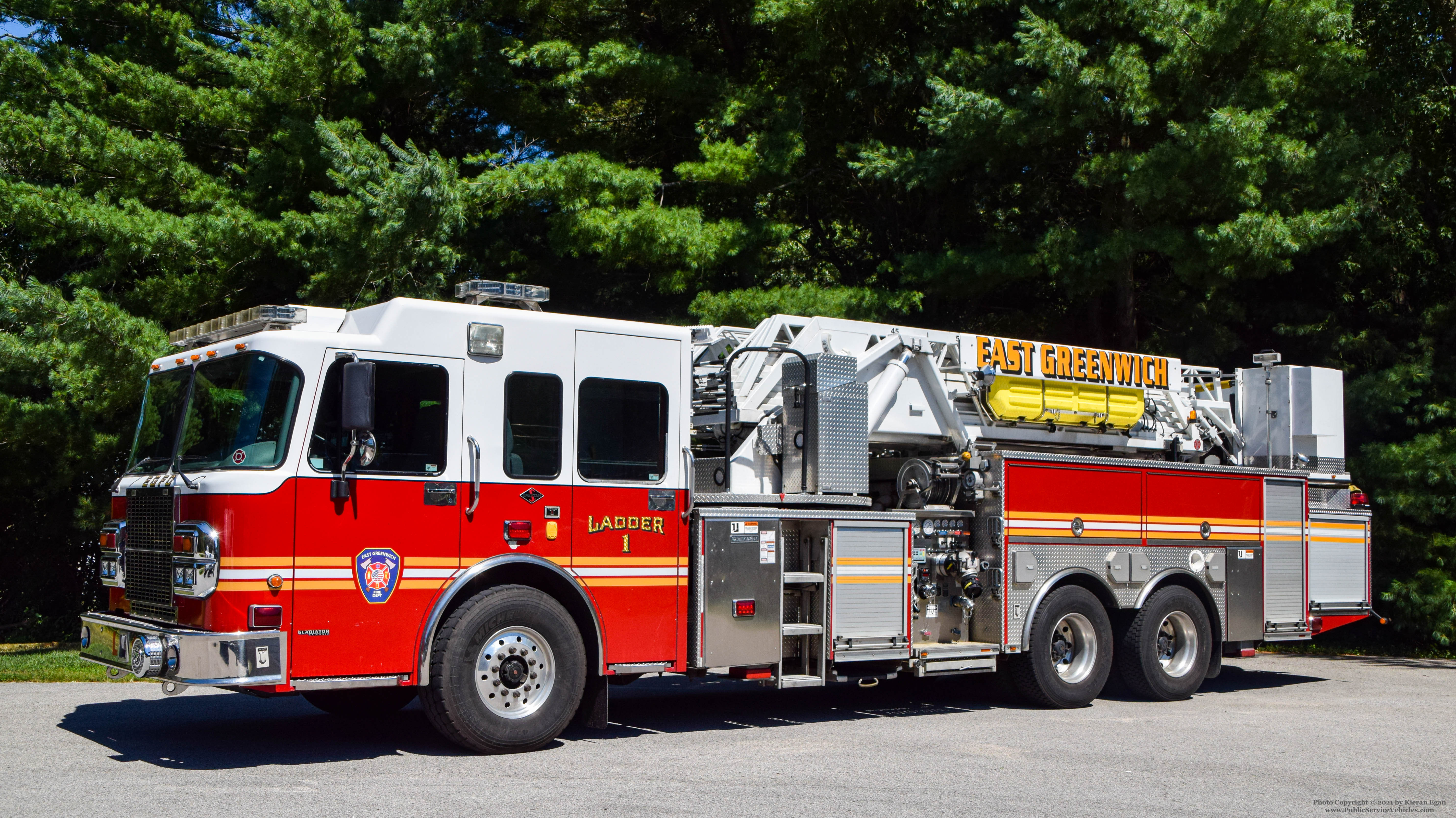 A photo  of East Greenwich Fire
            Ladder 1, a 2004 Spartan/Crimson             taken by Kieran Egan