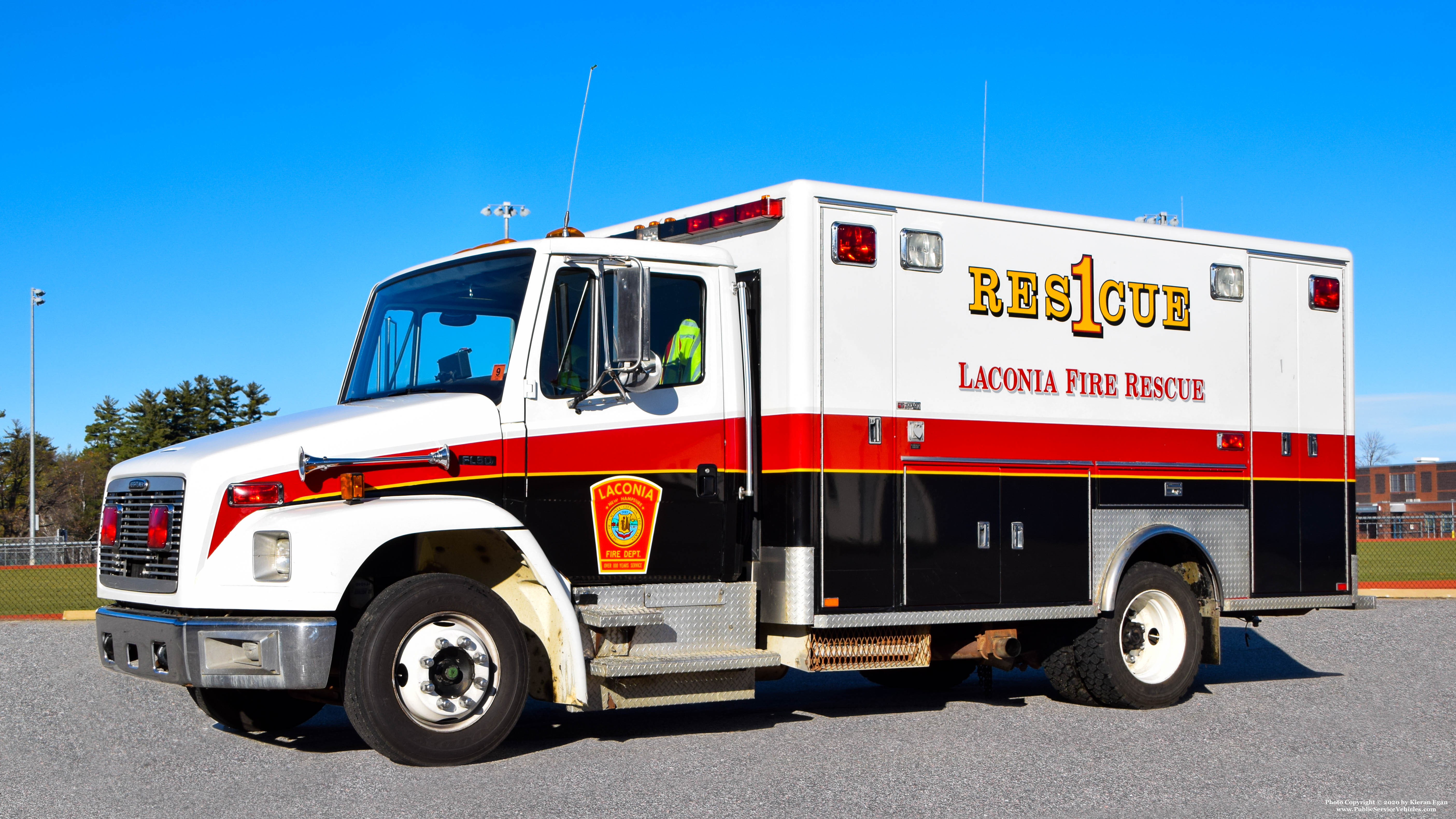 A photo  of Laconia Fire
            13 Rescue 1, a 1997 Freightliner FL50/Horton             taken by Kieran Egan