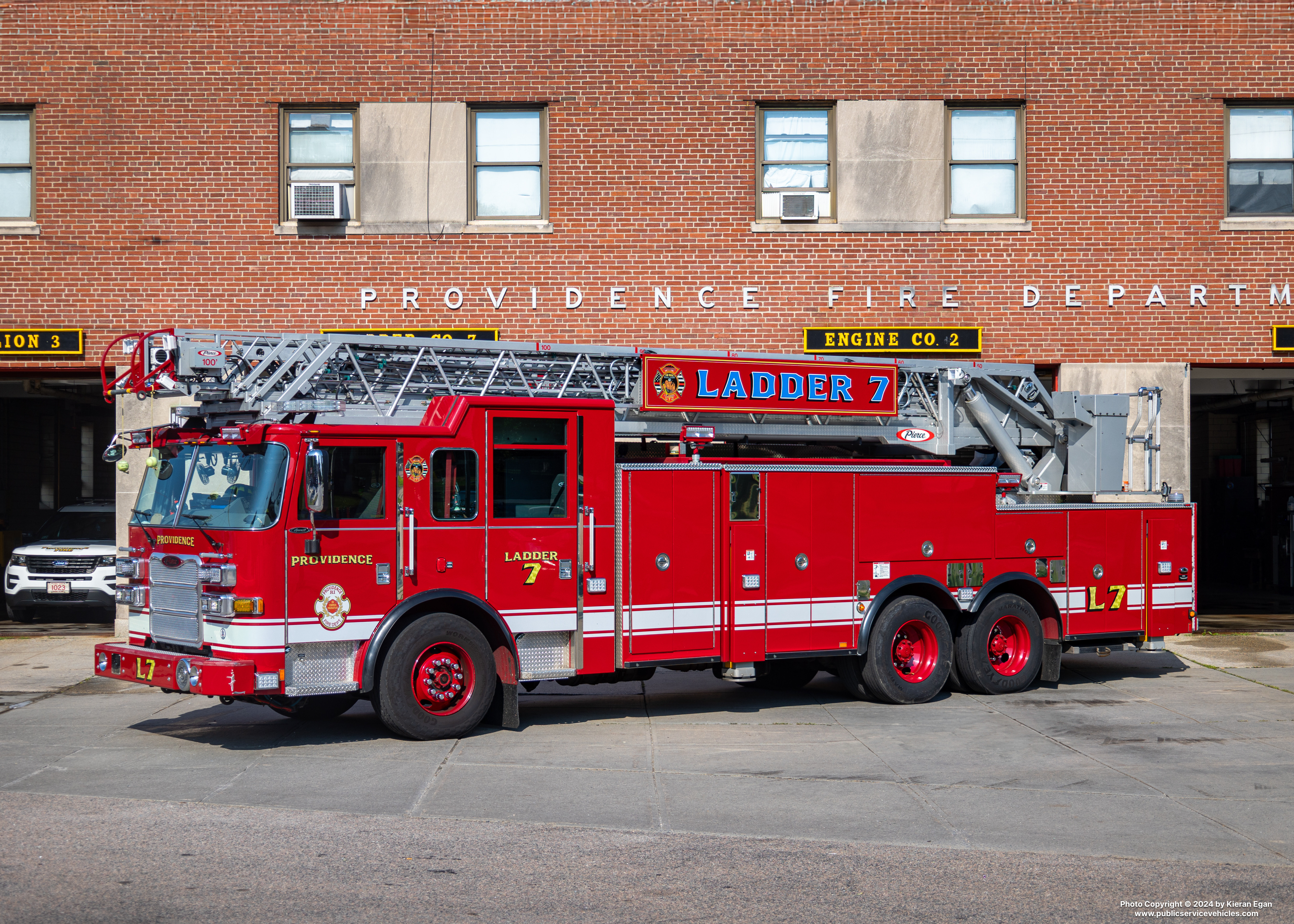 A photo  of Providence Fire
            Ladder 7, a 2021 Pierce Arrow XT             taken by Kieran Egan