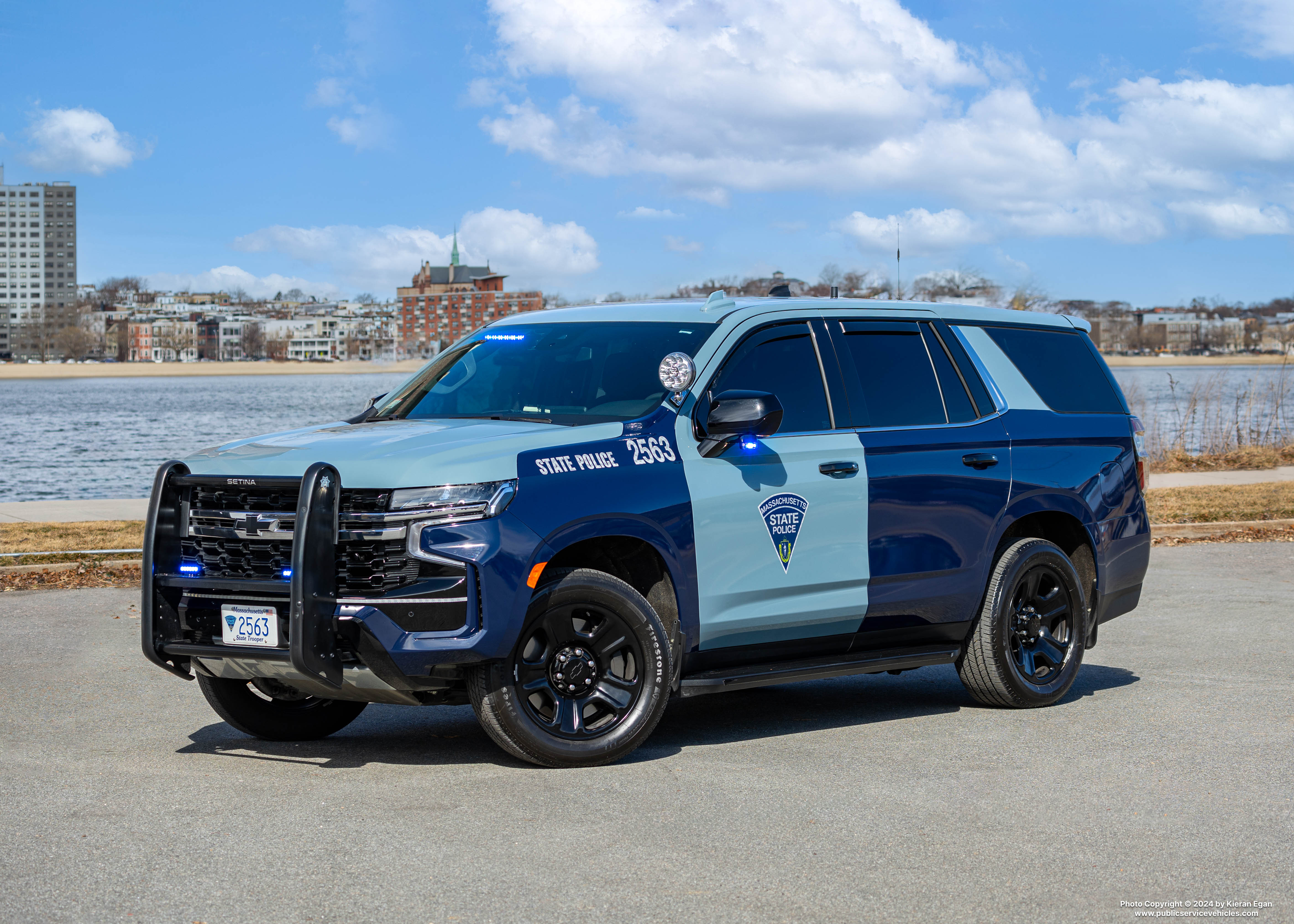 A photo  of Massachusetts State Police
            Cruiser 2563, a 2023 Chevrolet Tahoe             taken by Kieran Egan