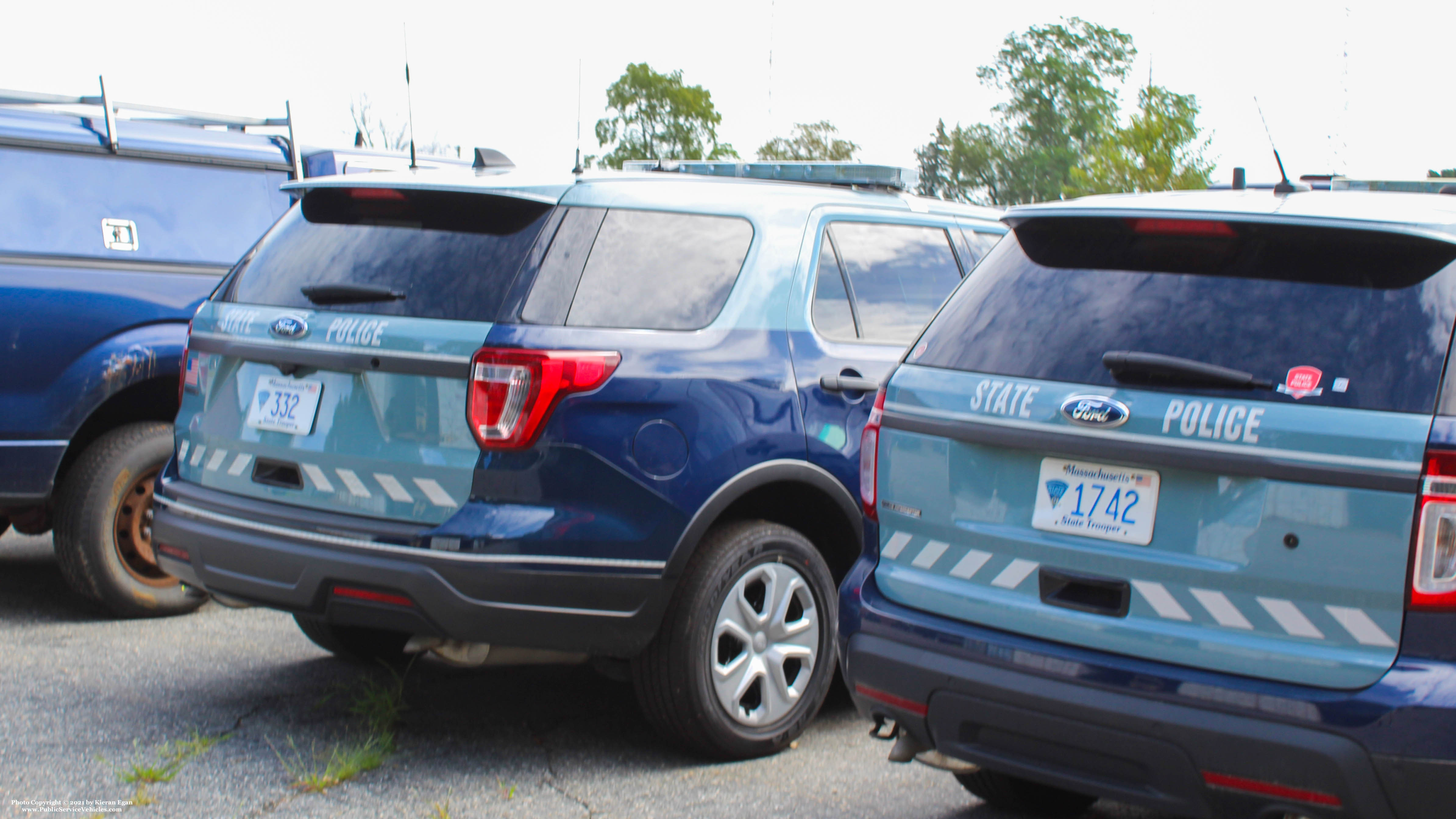 A photo  of Massachusetts State Police
            Cruiser 332, a 2019 Ford Police Interceptor Utility             taken by Kieran Egan