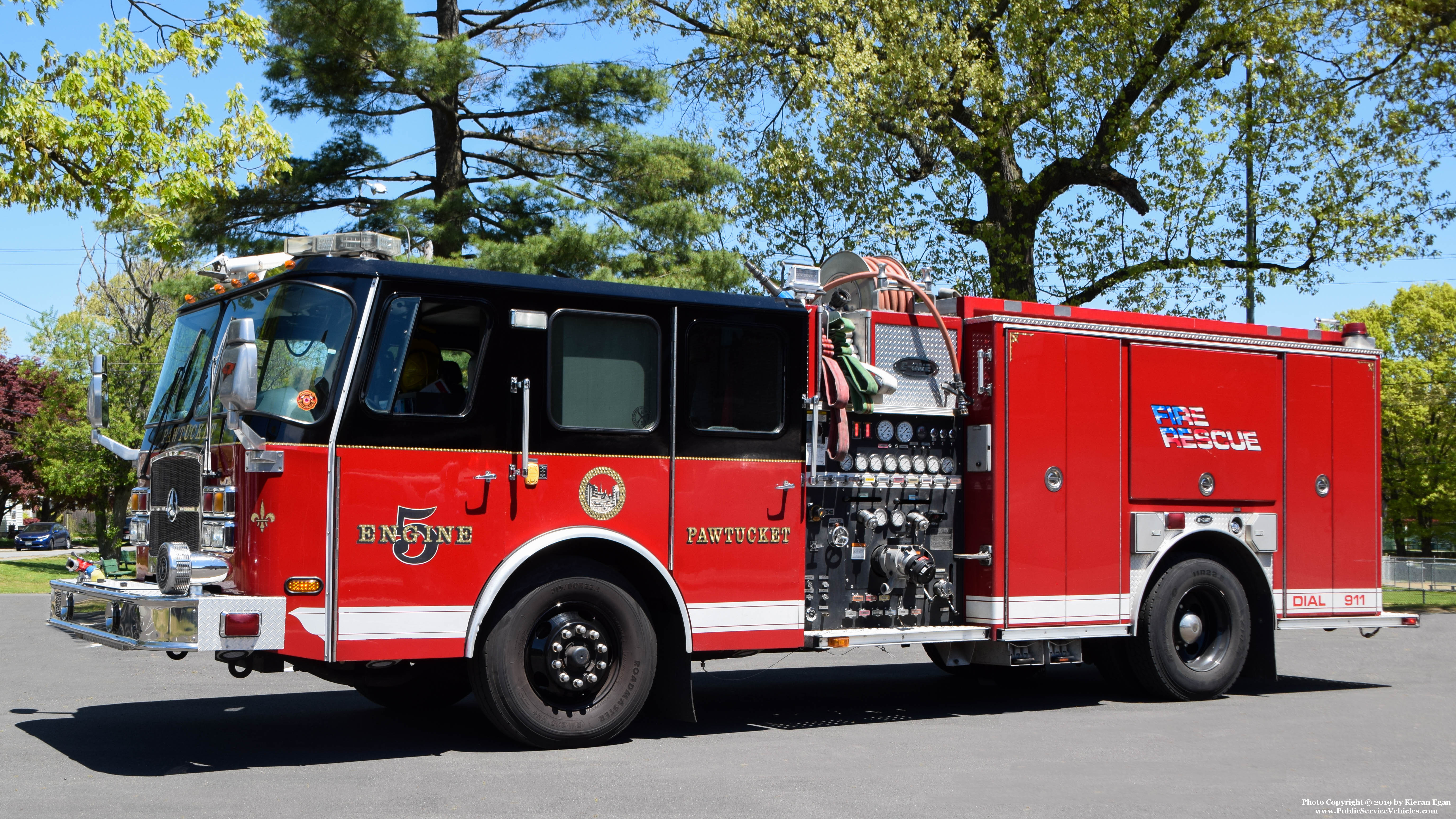 A photo  of Pawtucket Fire
            Engine 5, a 2004 E-One Cyclone II             taken by Kieran Egan