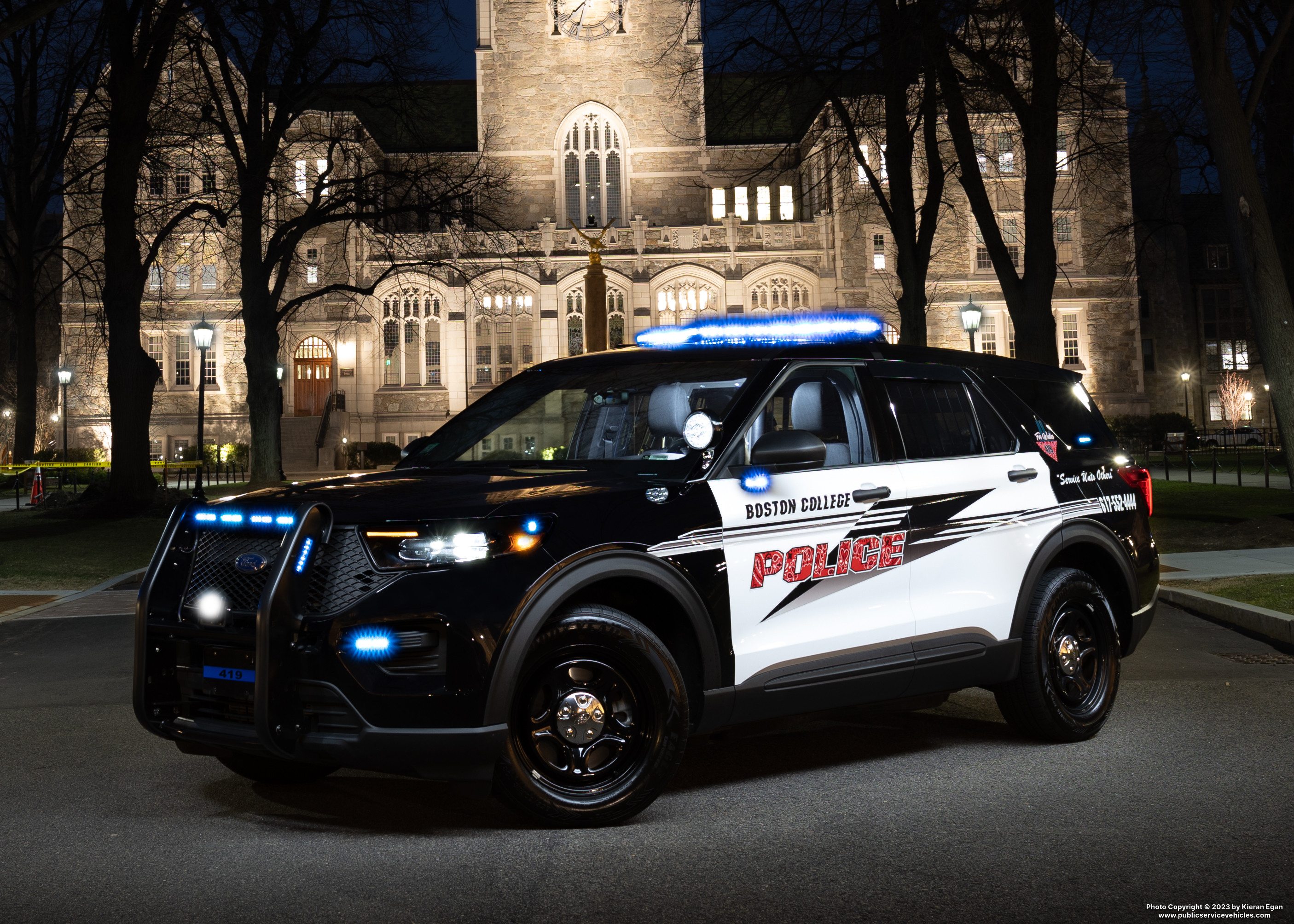 A photo  of Boston College Police
            Cruiser 419, a 2022 Ford Police Interceptor Utility Hybrid             taken by Kieran Egan