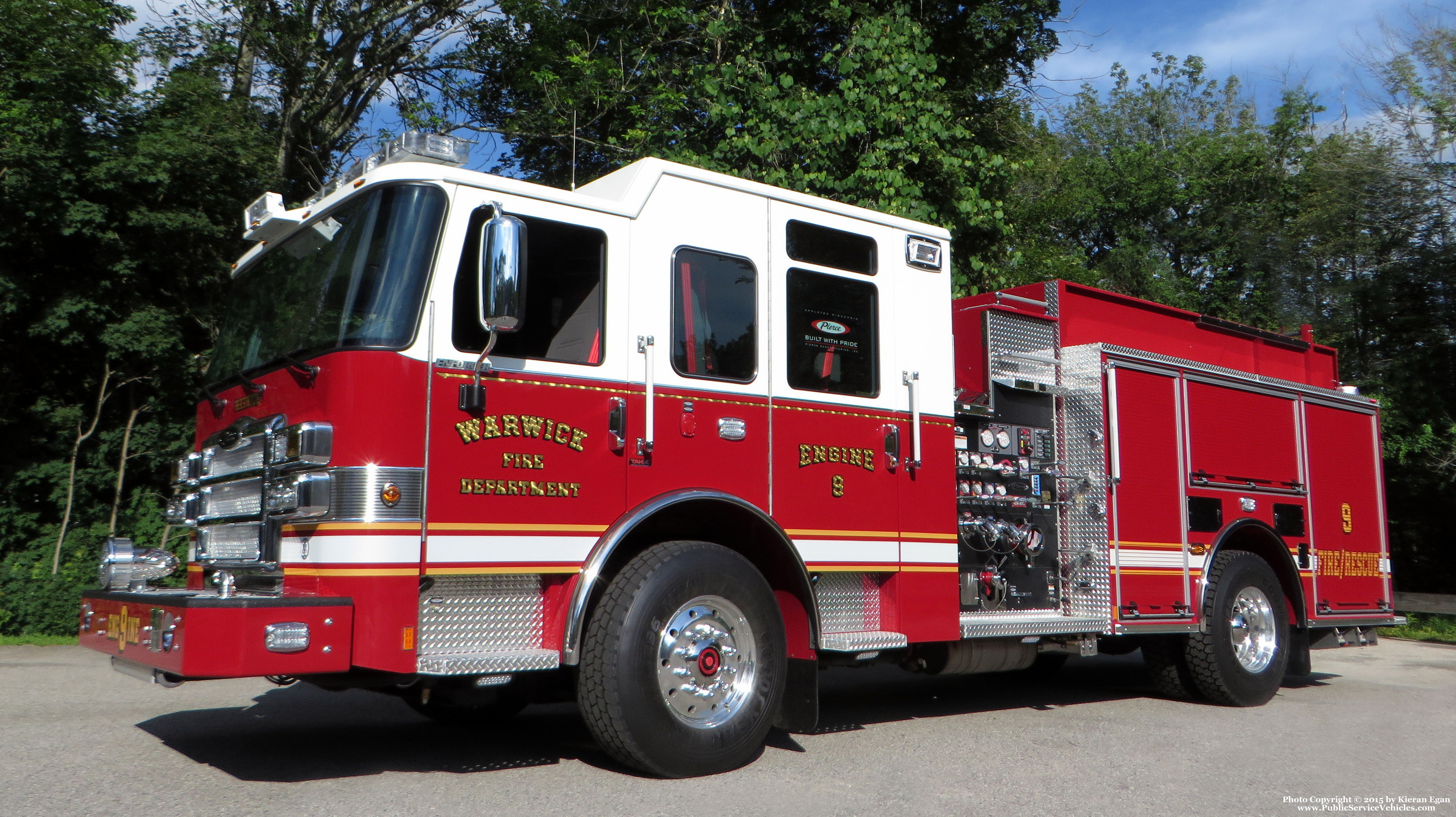A photo  of Warwick Fire
            Engine 9, a 2015 Pierce Enforcer             taken by Kieran Egan