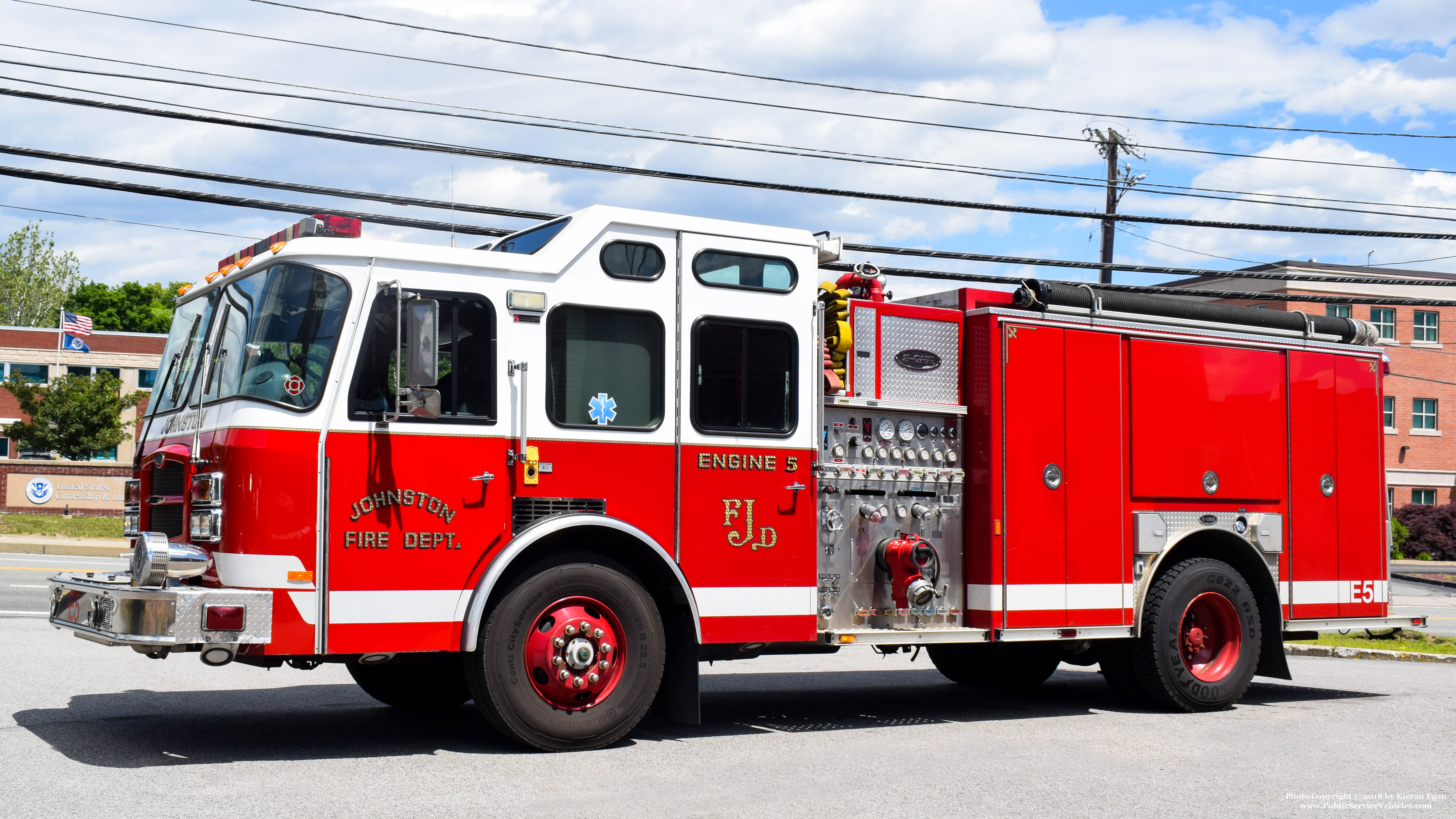 A photo  of Johnston Fire
            Engine 5, a 2004 E-One Typhoon             taken by Kieran Egan