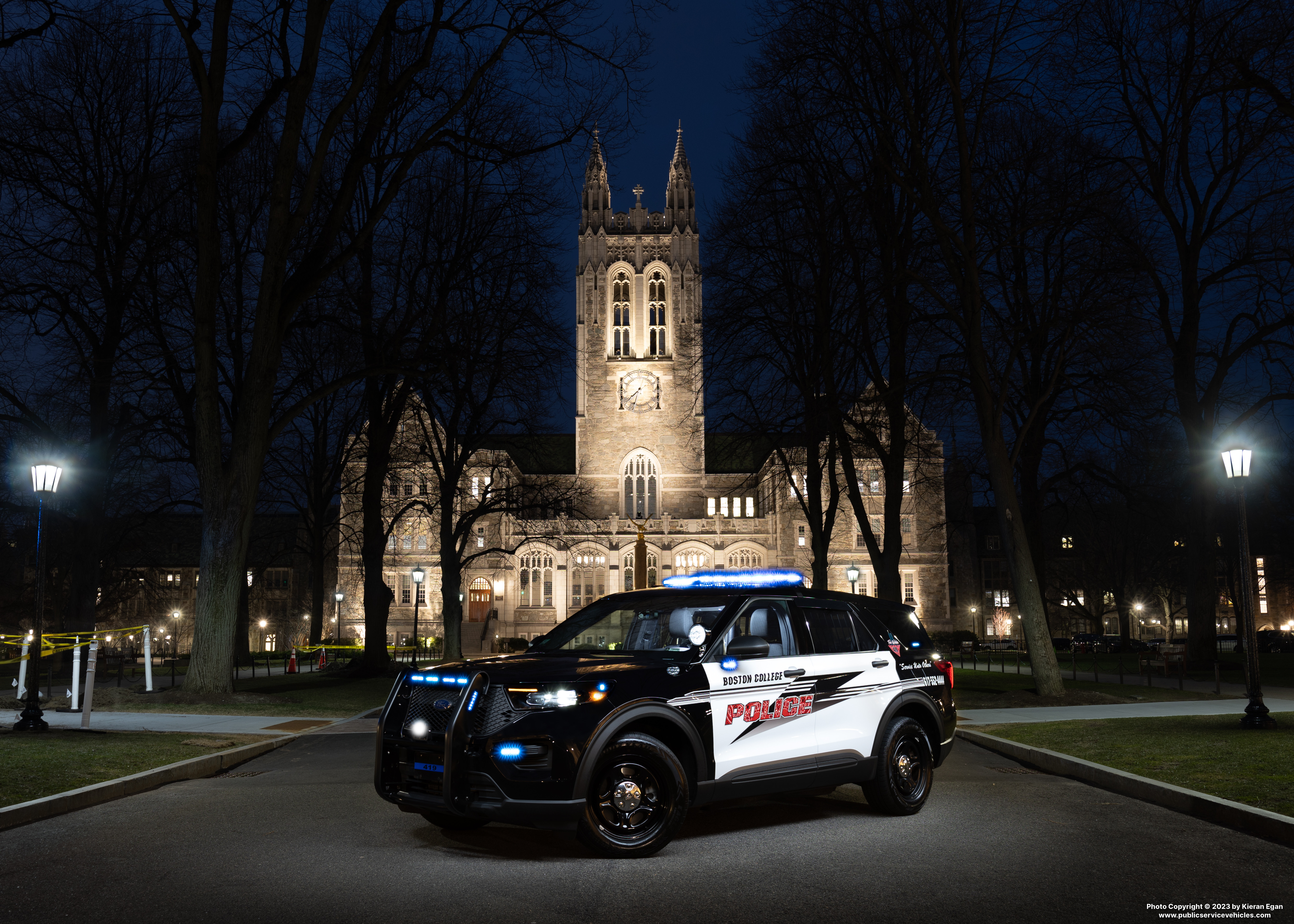 A photo  of Boston College Police
            Cruiser 419, a 2022 Ford Police Interceptor Utility Hybrid             taken by Kieran Egan