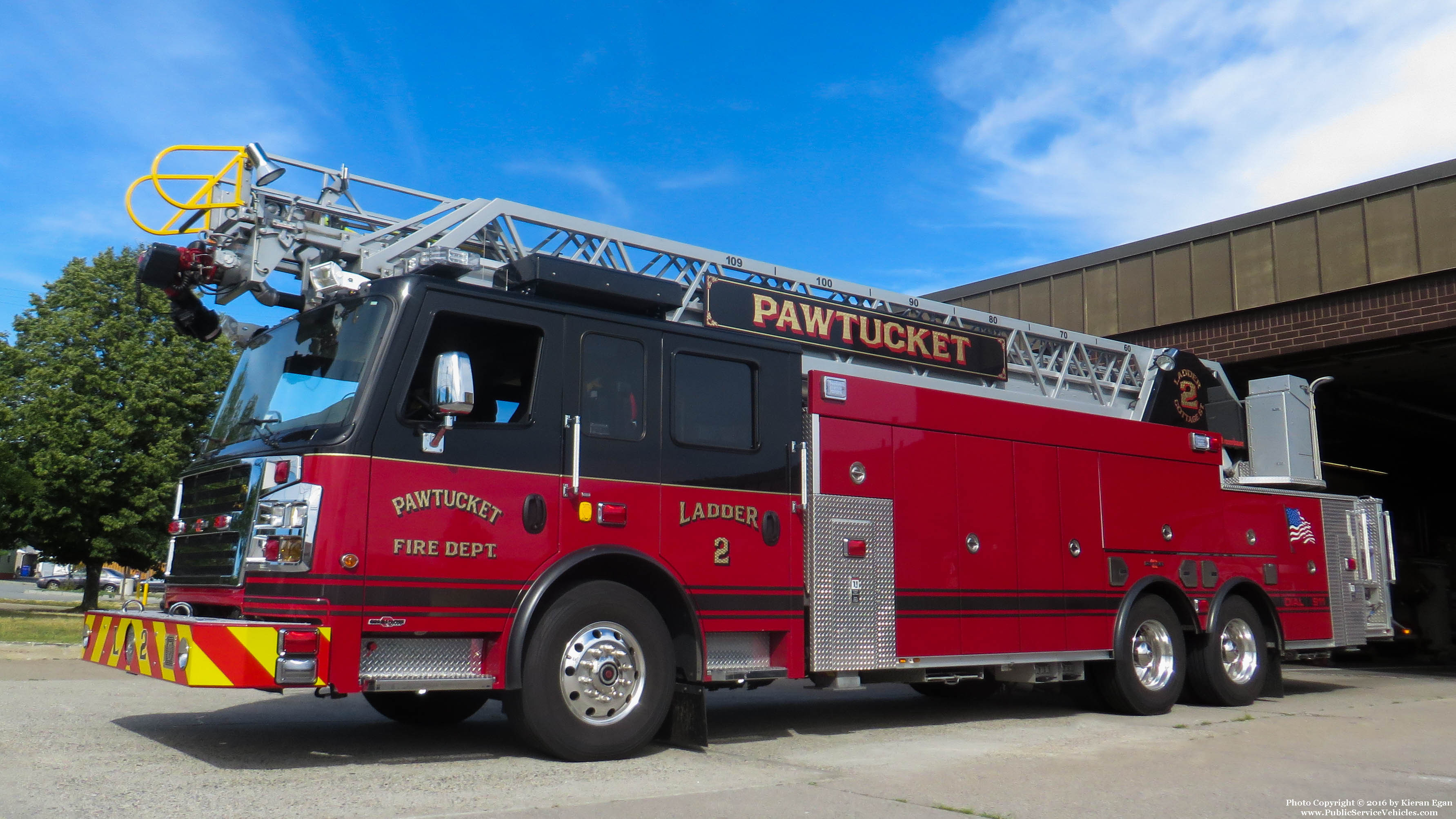 A photo  of Pawtucket Fire
            Ladder 2, a 2015 Rosenbauer Commander             taken by Kieran Egan