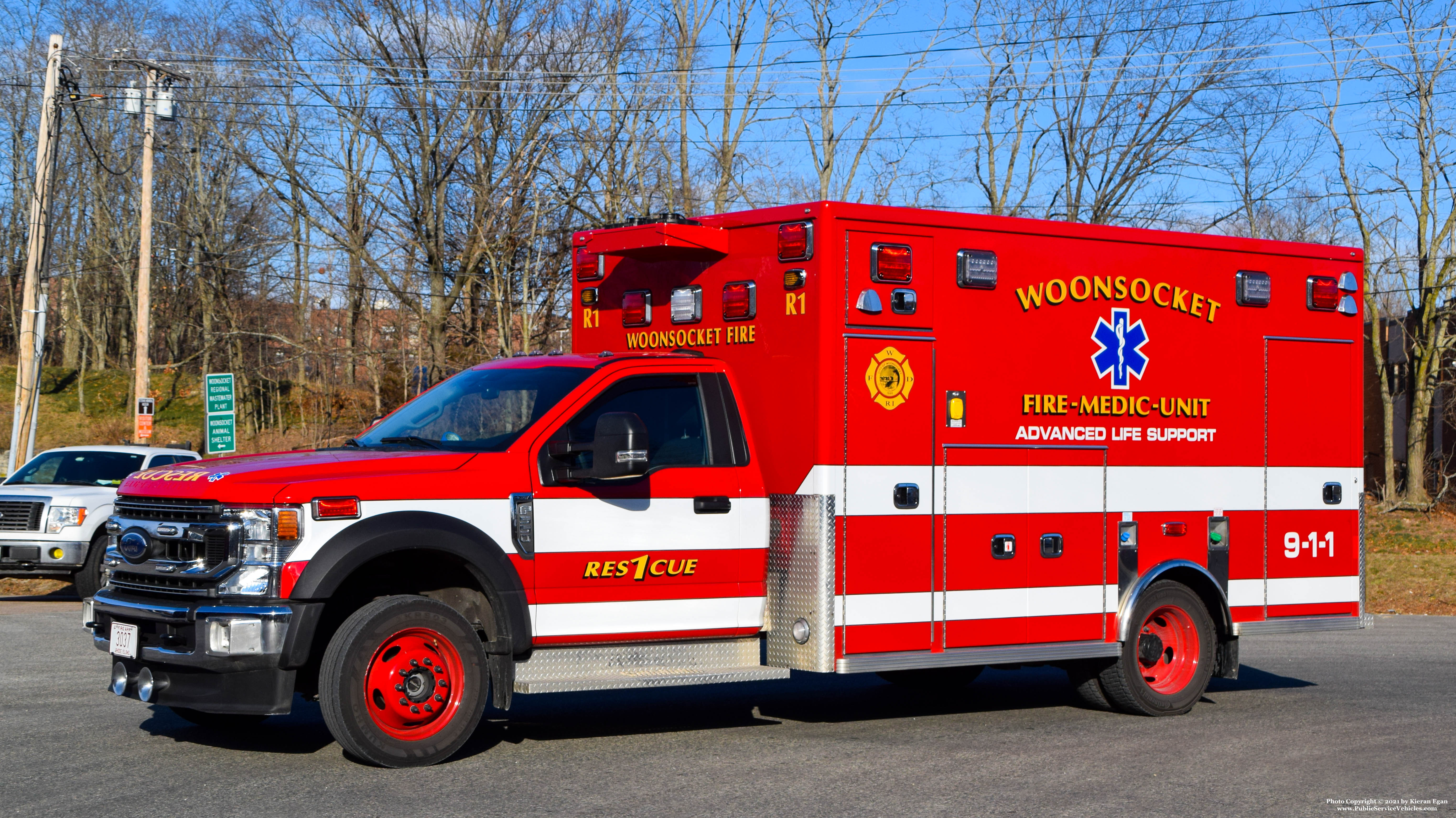A photo  of Woonsocket Fire
            Rescue 1, a 2020 Ford F-550/Life Line             taken by Kieran Egan