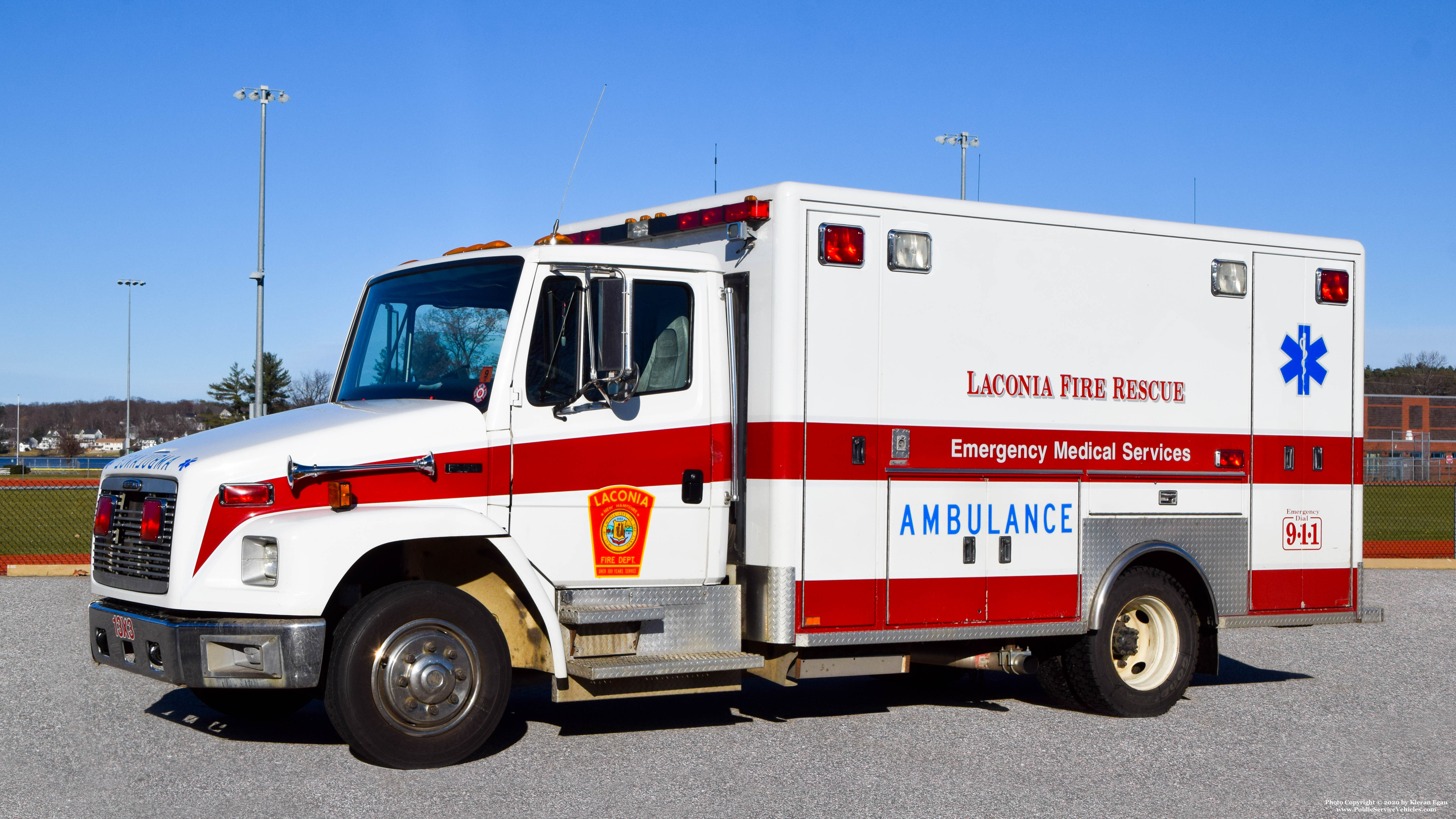 A photo  of Laconia Fire
            13 Ambulance 3, a 1998 Freightliner FL50/Horton             taken by Kieran Egan