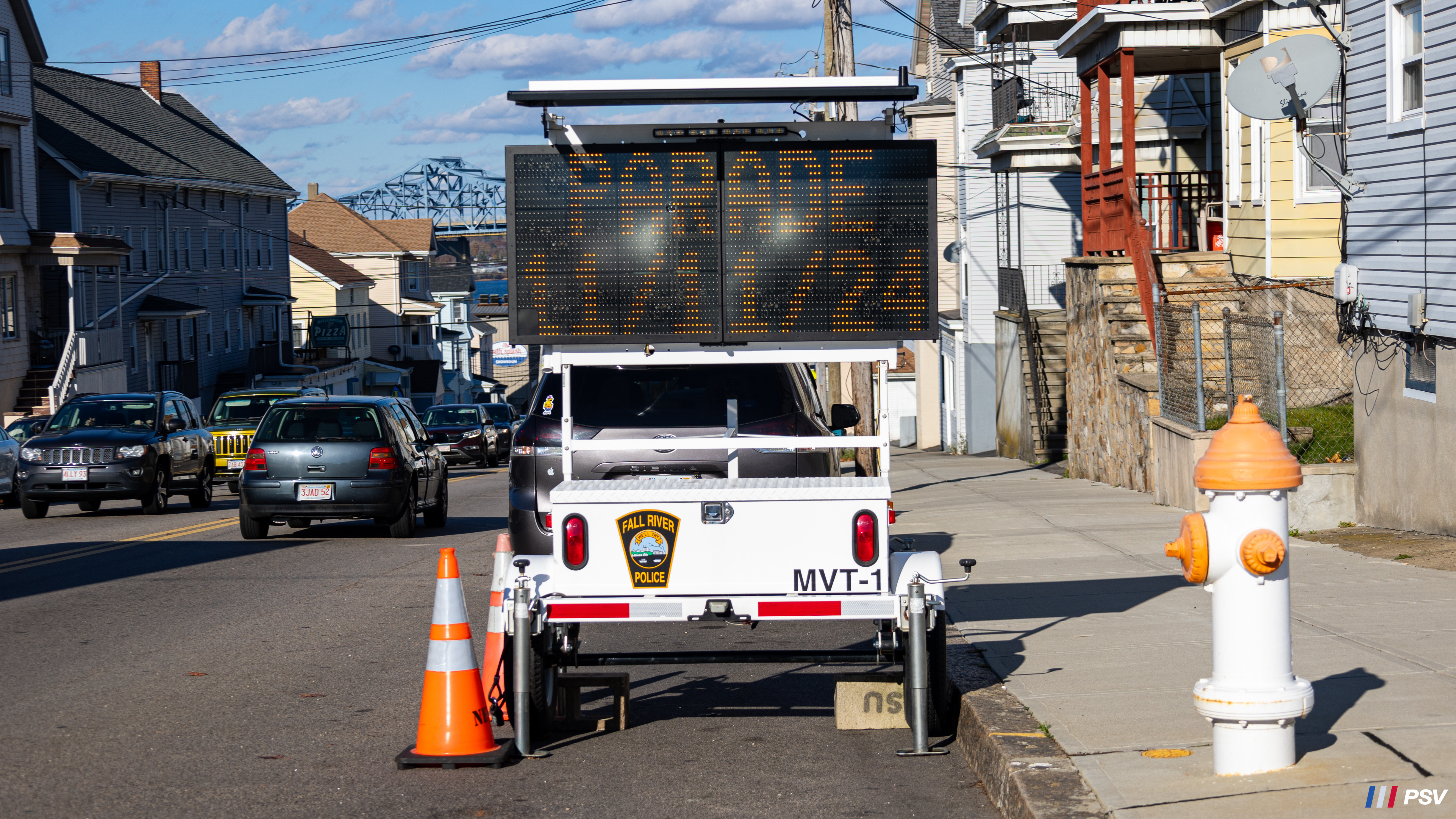 A photo  of Fall River Police
            MVT-1, a 2010-2020 All Traffic Solutions Variable Message Trailer             taken by Kieran Egan