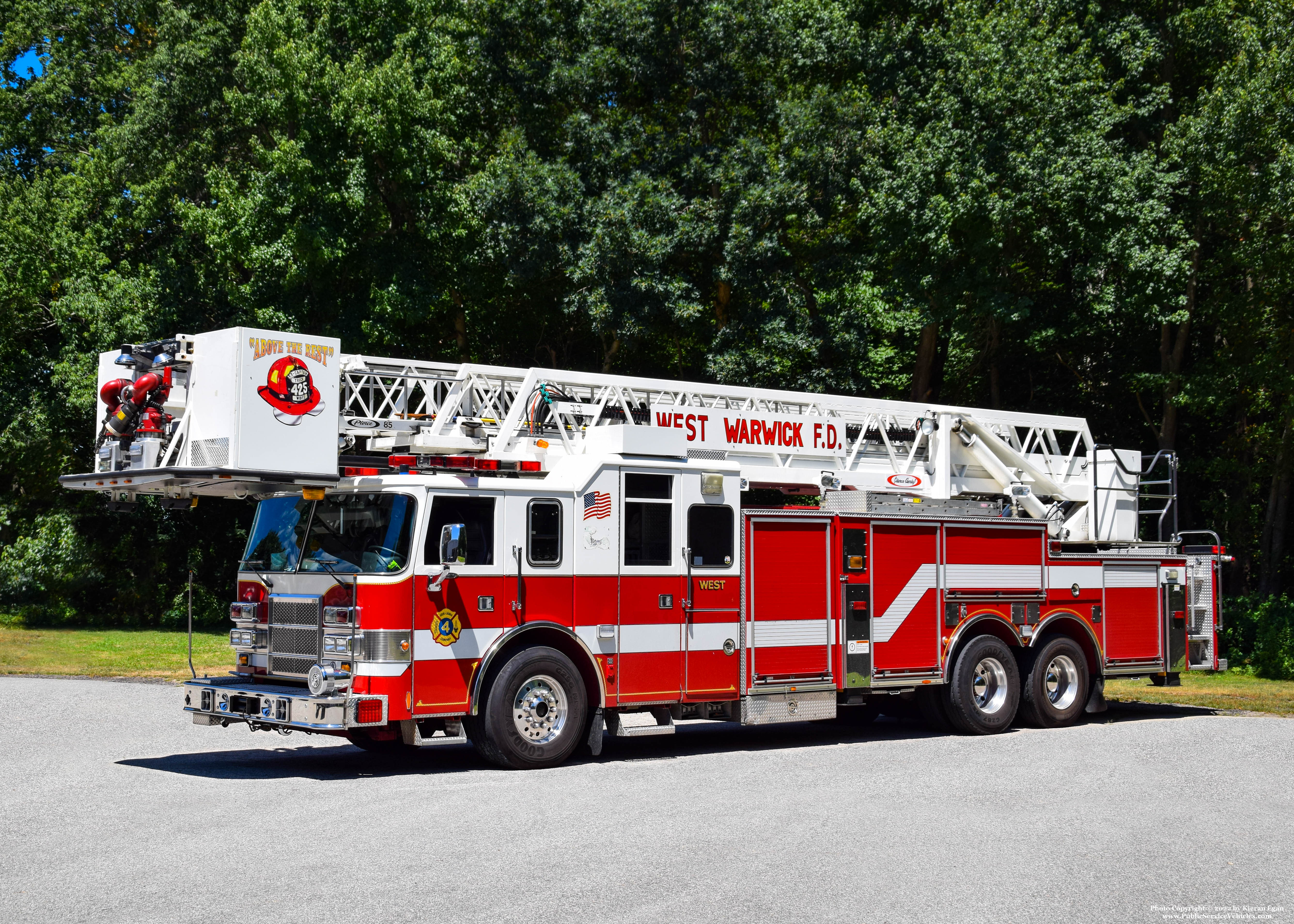 A photo  of West Warwick Fire
            Ladder 1, a 2000 Pierce Lance             taken by Kieran Egan