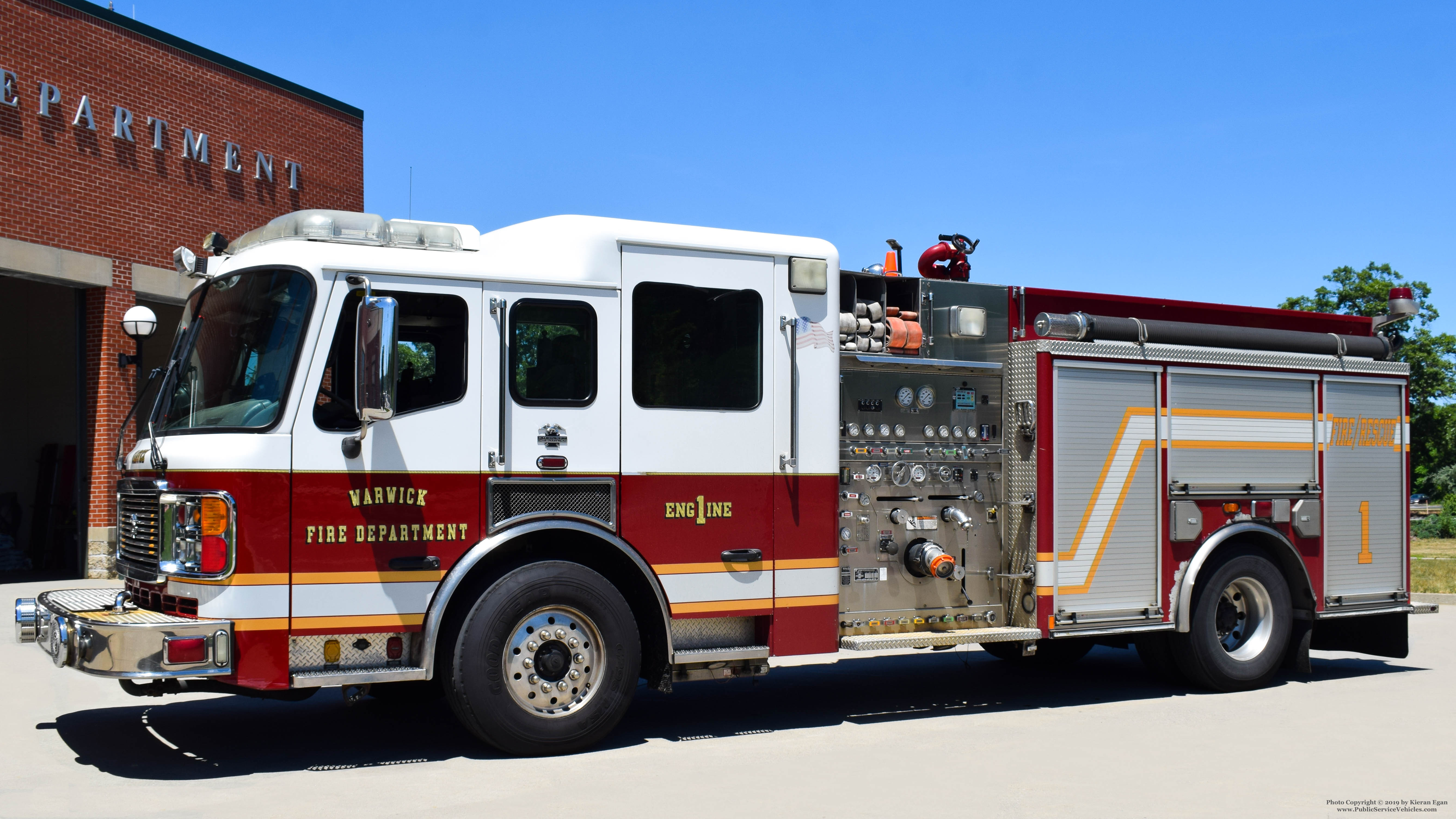 A photo  of Warwick Fire
            Engine 1, a 2007 American LaFrance Eagle             taken by Kieran Egan