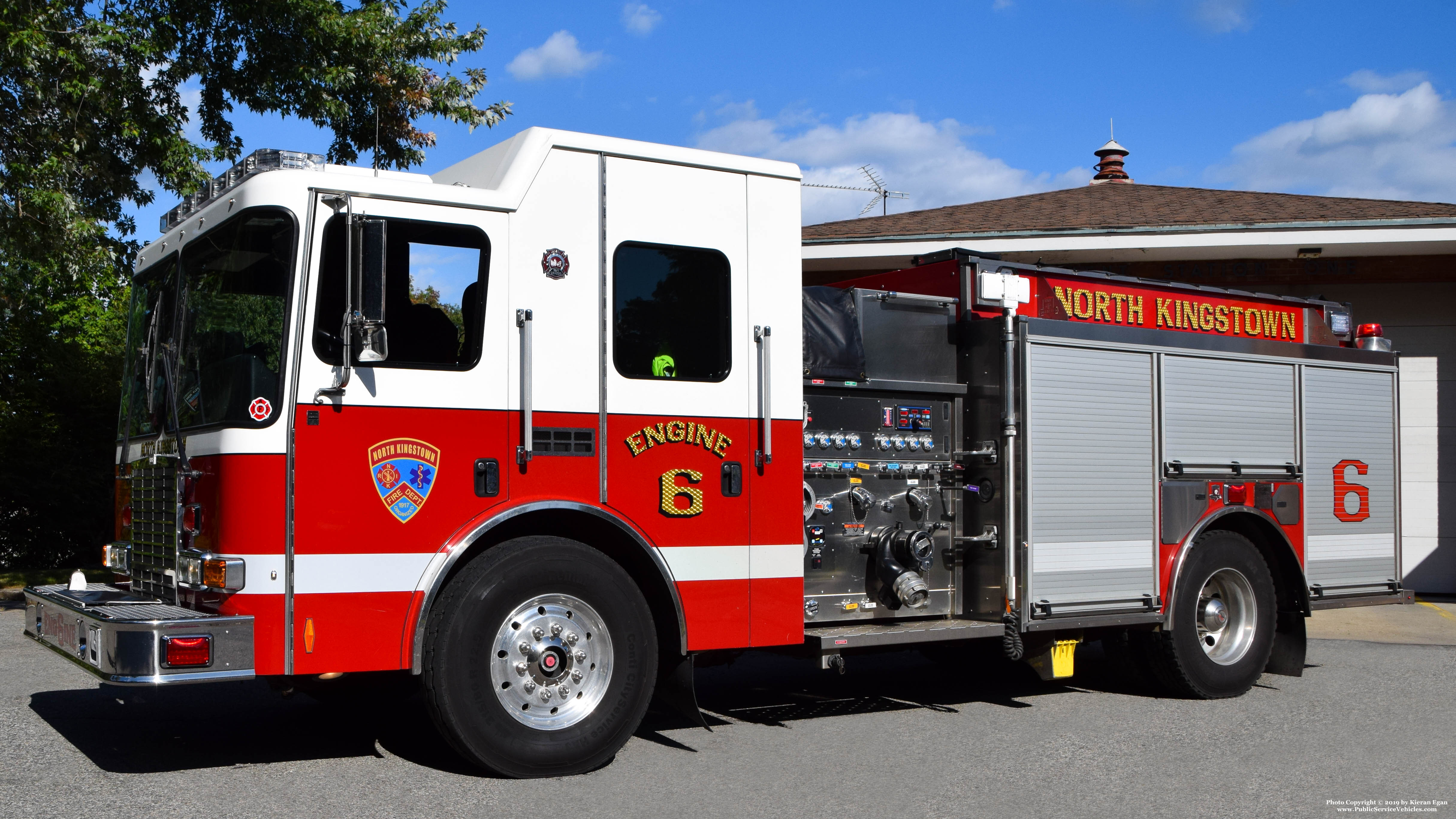 A photo  of North Kingstown Fire
            Engine 6, a 2015 HME Ahrens Fox “Silver Fox”             taken by Kieran Egan