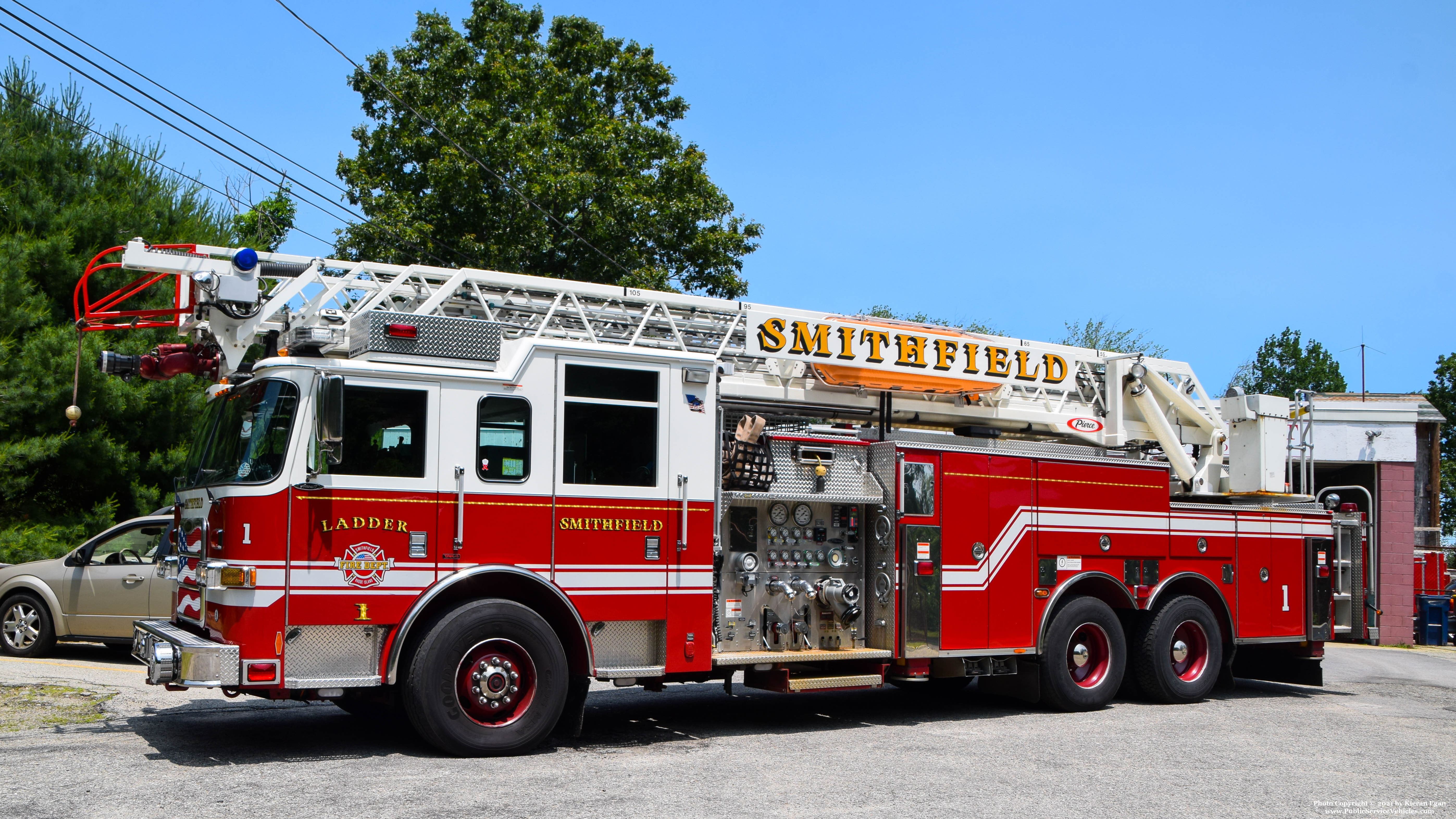 A photo  of Smithfield Fire
            Ladder 1, a 2010 Pierce Arrow XT             taken by Kieran Egan