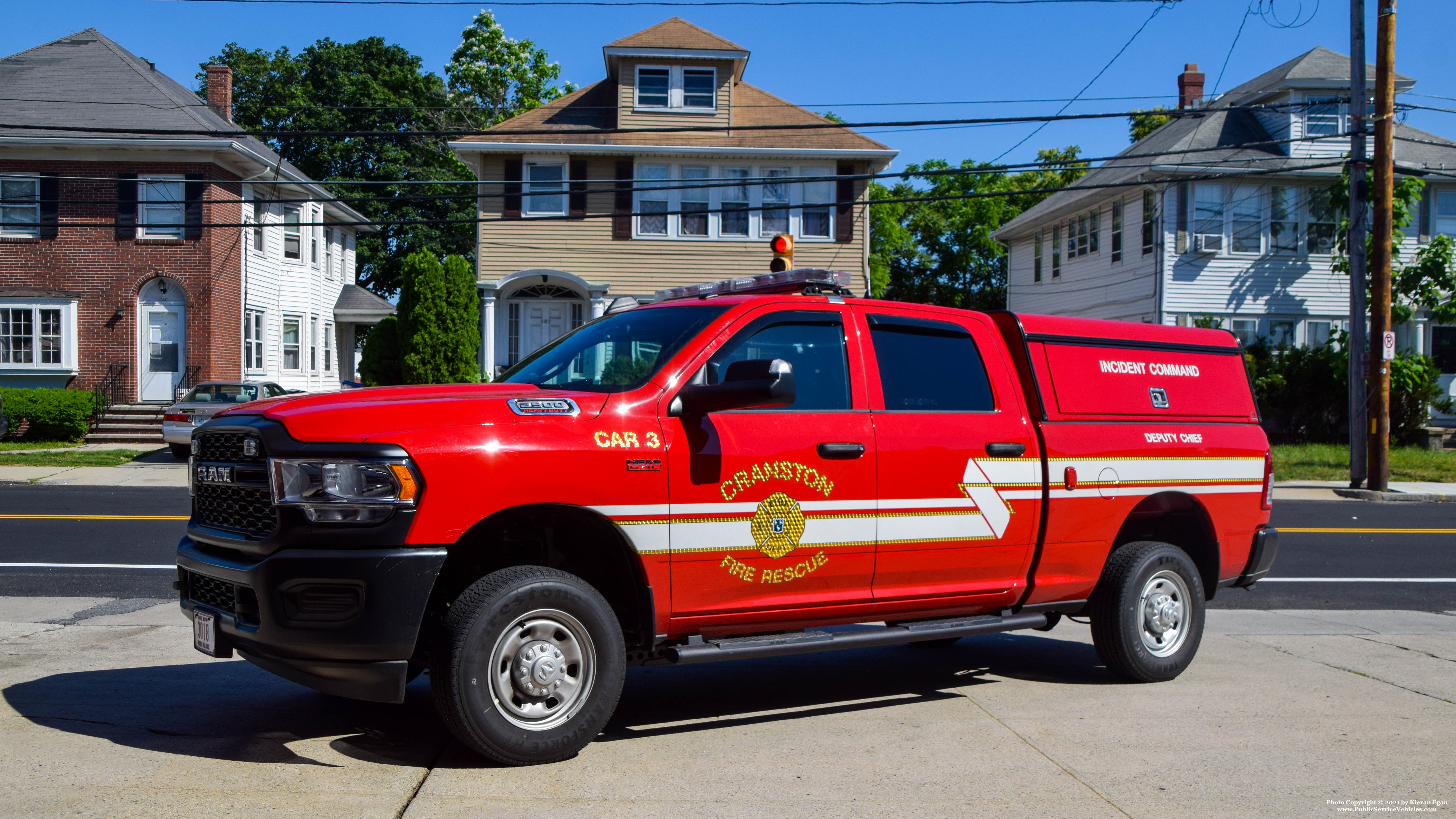 A photo  of Cranston Fire
            Car 3, a 2021 RAM 2500 Crew Cab/Whelen Liberty II             taken by Kieran Egan