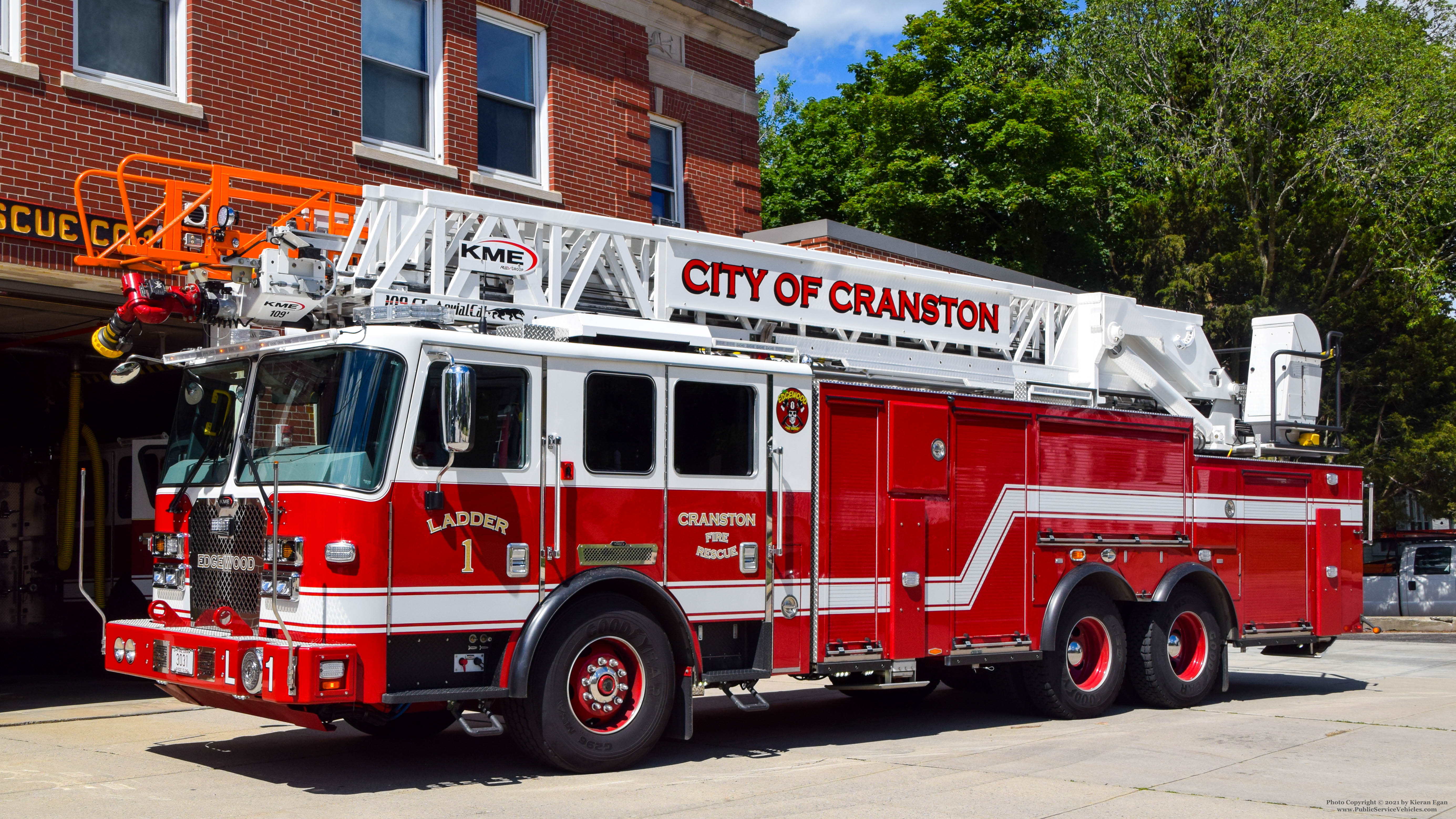 A photo  of Cranston Fire
            Ladder 1, a 2020 KME Severe Service AerialCat             taken by Kieran Egan