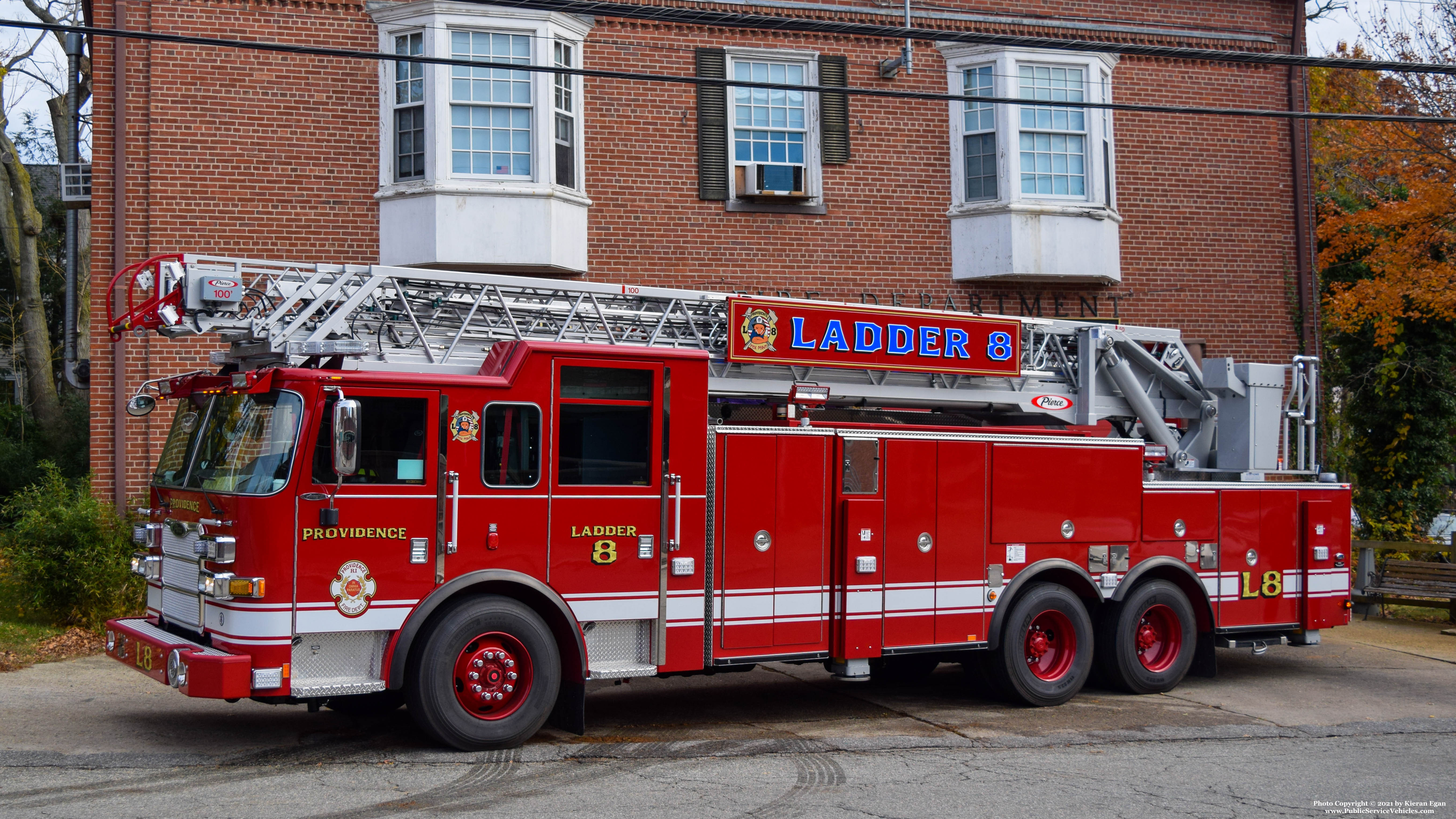 A photo  of Providence Fire
            Ladder 8, a 2021 Pierce Arrow XT             taken by Kieran Egan