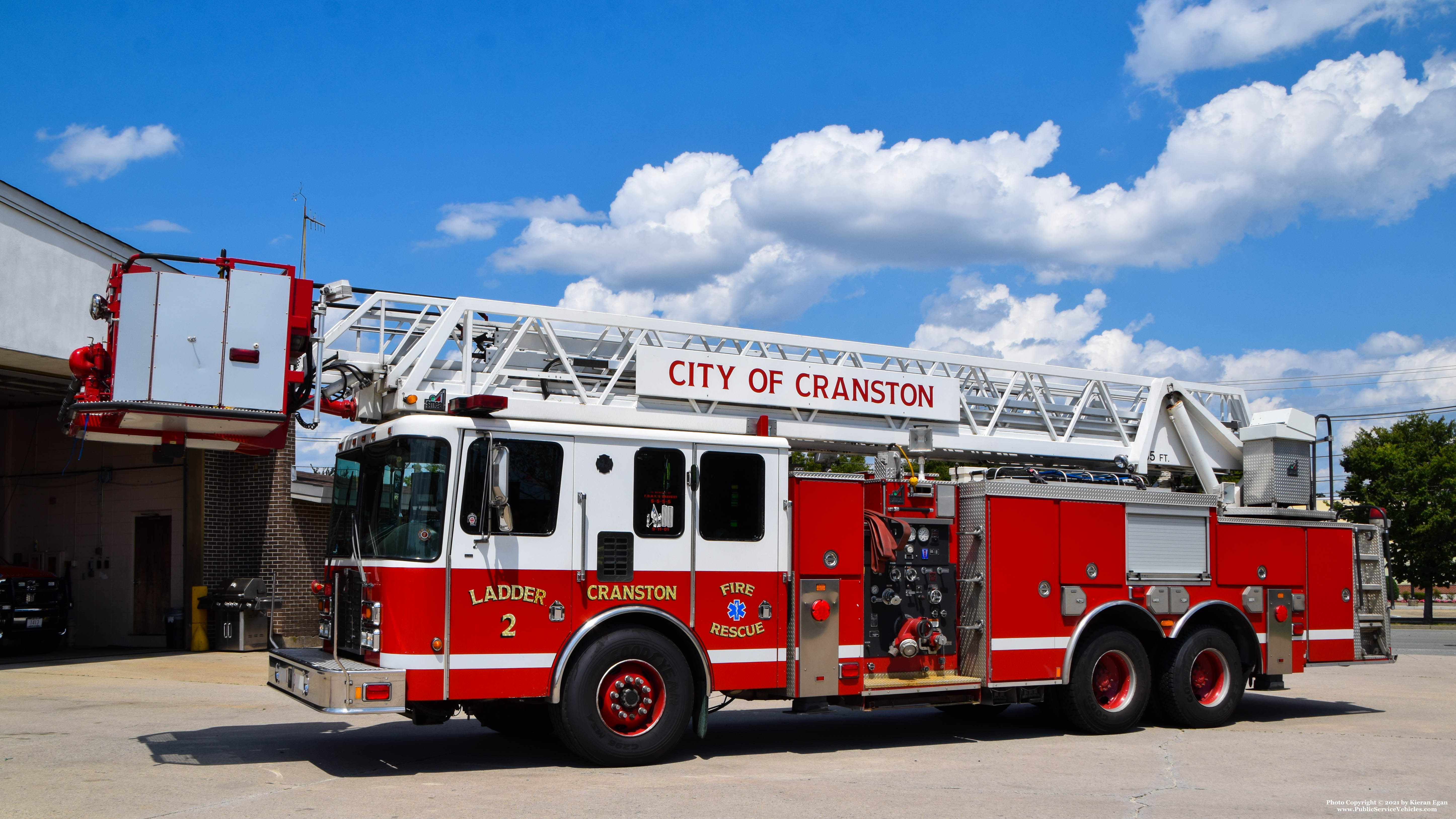 A photo  of Cranston Fire
            Ladder 2, a 2003 HME/Smeal             taken by Kieran Egan