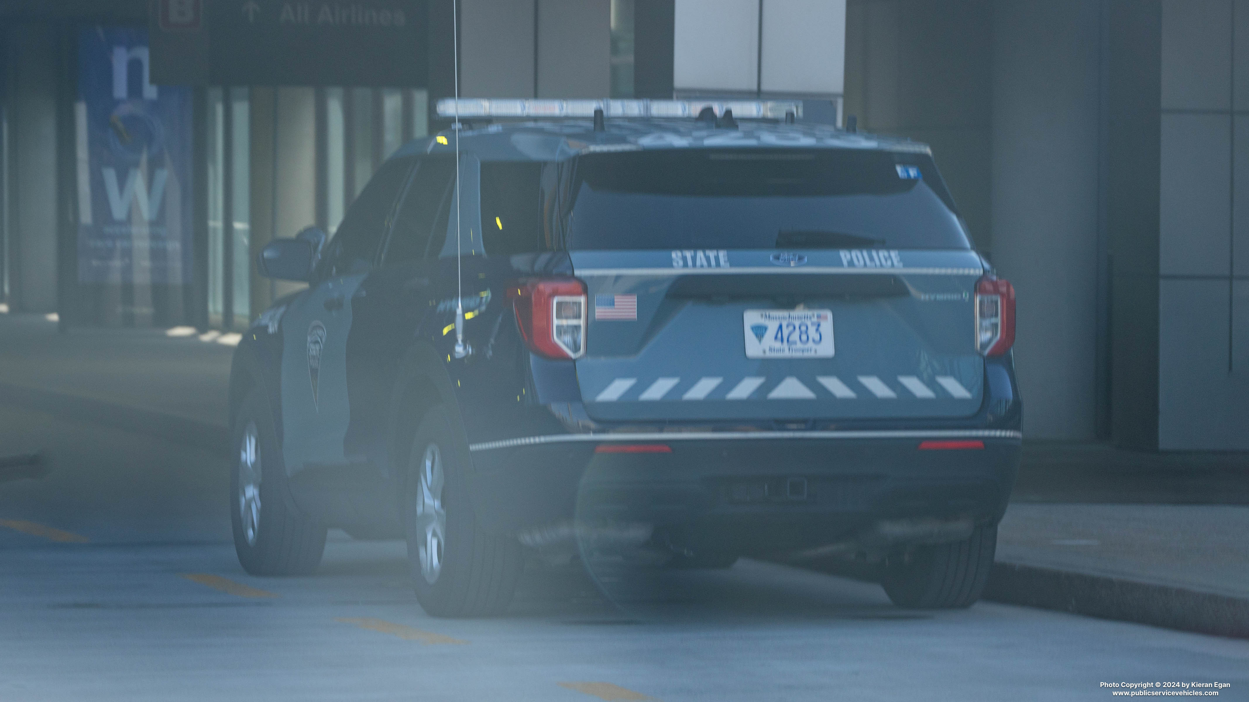 A photo  of Massachusetts State Police
            Cruiser 4283, a 2022 Ford Police Interceptor Utility Hybrid             taken by Kieran Egan
